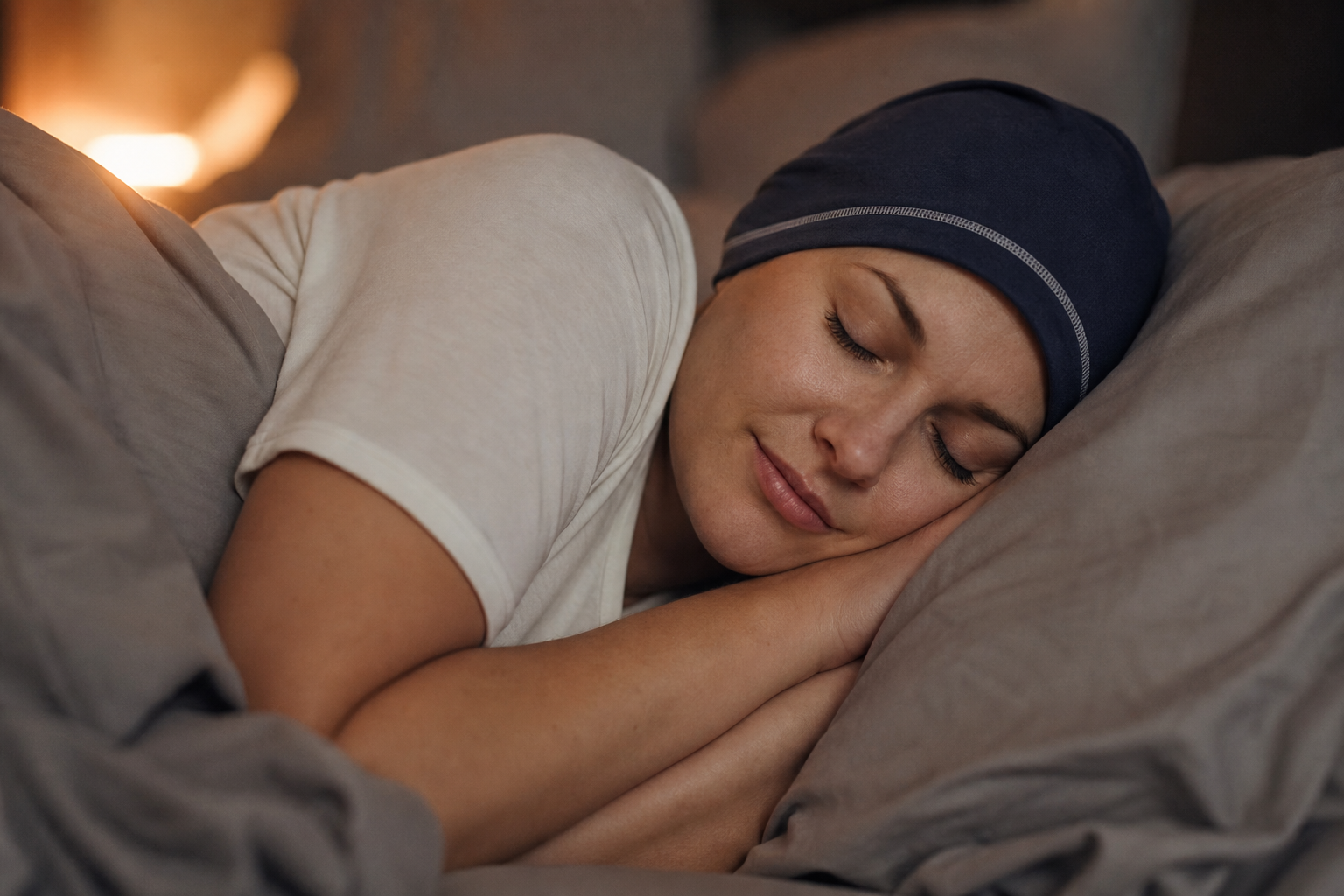 Person liegt seitlich im Bett und trägt eine Schlafhaube