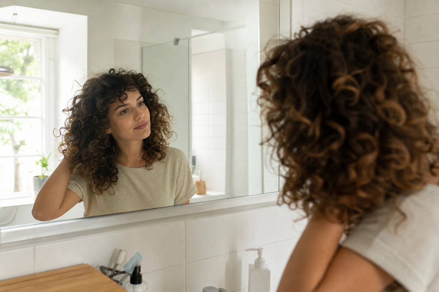 Person mit lockigem Haar vor einem Spiegel am Morgen