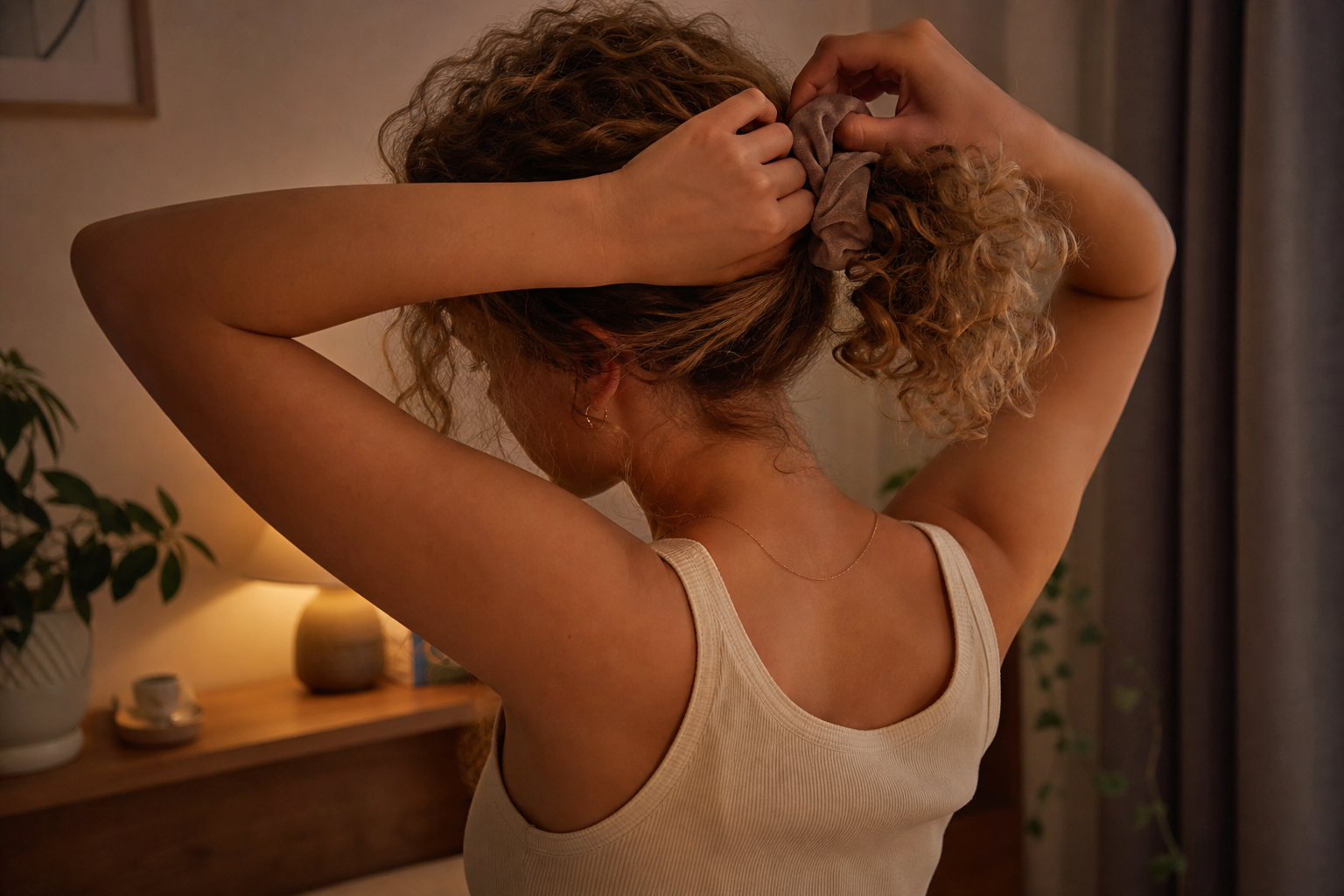 Person bindet lockiges Haar locker zusammen