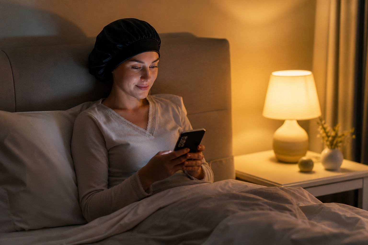Person mit Schlafhaube auf dem Bett