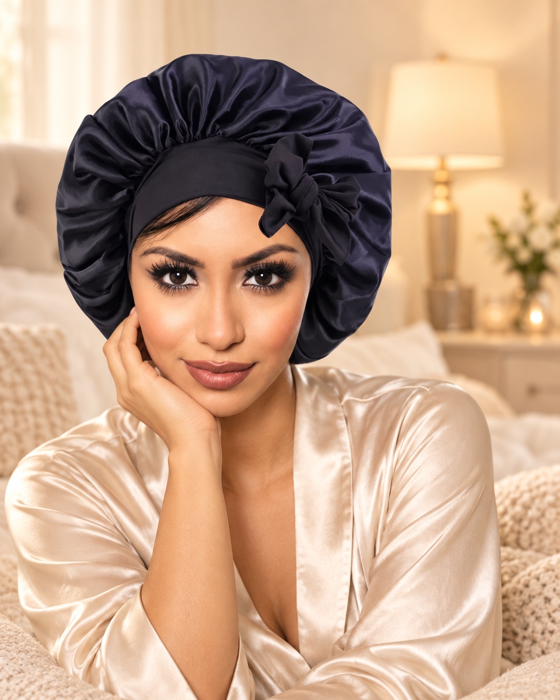 Schwarzes Satin-Bonnet mit Bindeband, getragen.