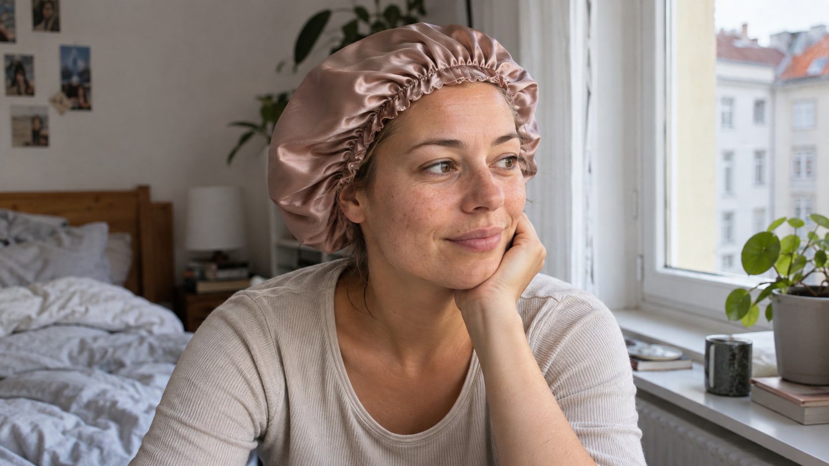 Frau mit roséfarbener Satin-Schlafhaube im Schlafzimmer