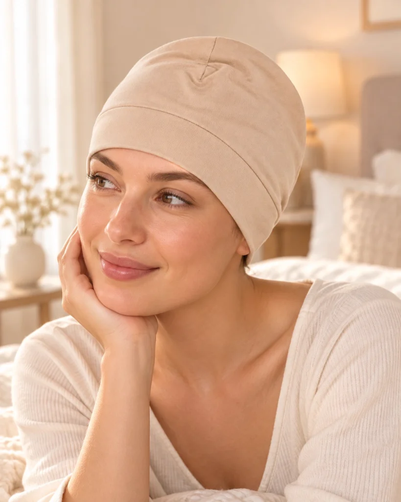 Bamboo Hair Bonnet – Frau mit beigem Bonnet im Schlafzimmer