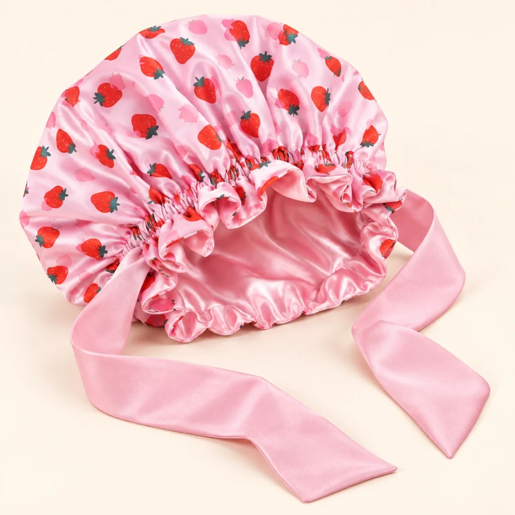 Double Satin Bonnet – Rosa Futter und Erdbeermuster