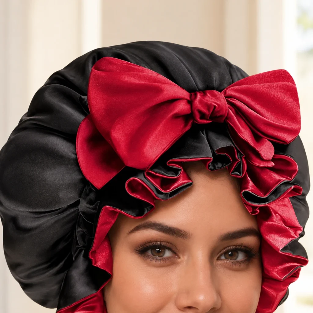 Drawstring Satin Bonnet – Rote Schleife und schwarzer Rüschenrand