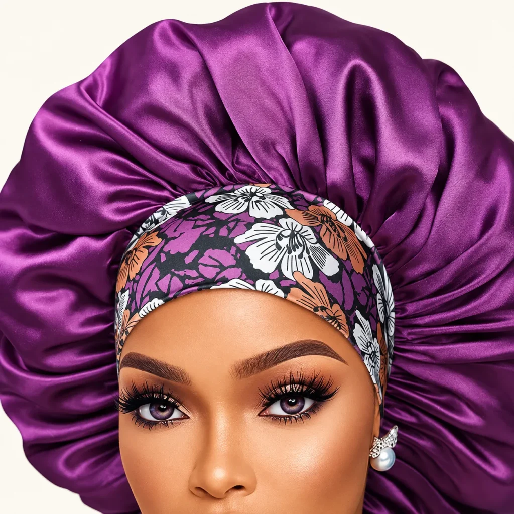 Extra Large Silk Bonnet – Violettes Satin und Blumenstirnband