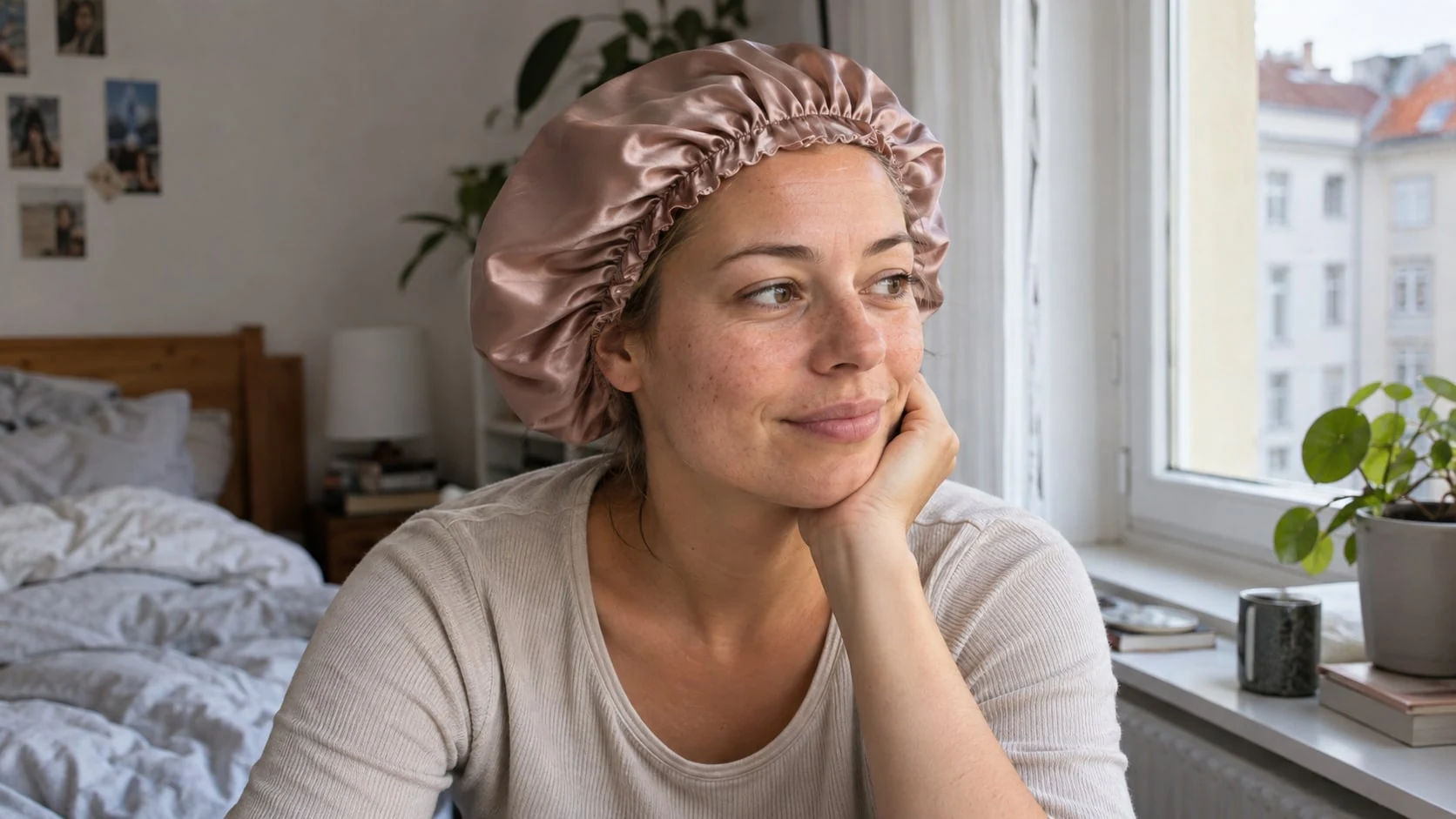 Frau trägt eine roséfarbene Schlafhaube neben einem Fenster