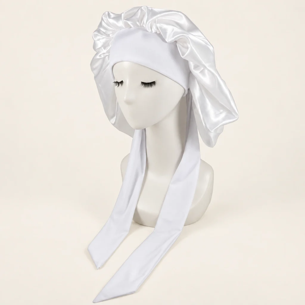 Hair Protection Bonnet – Weiße Haube mit langen Bindebändern