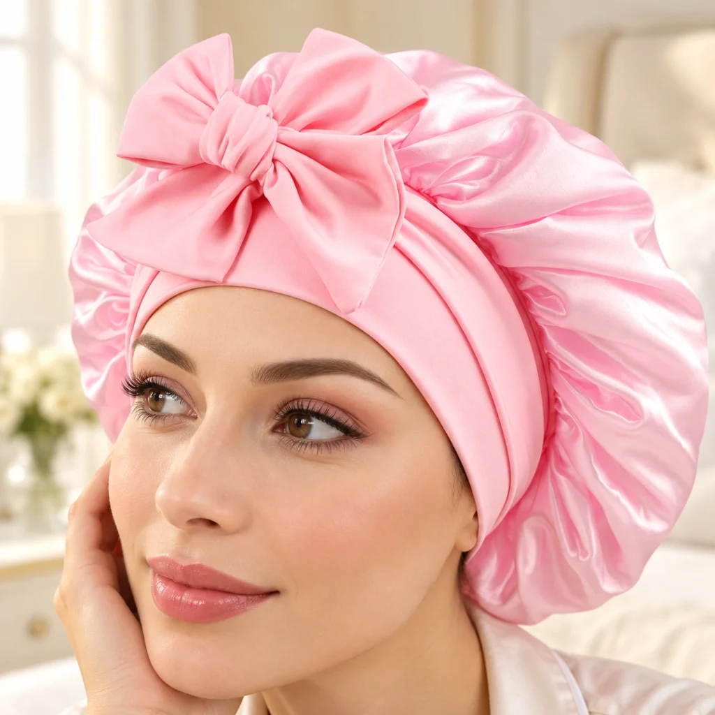 Haube zum Schlafen – Detail der rosa Schleife