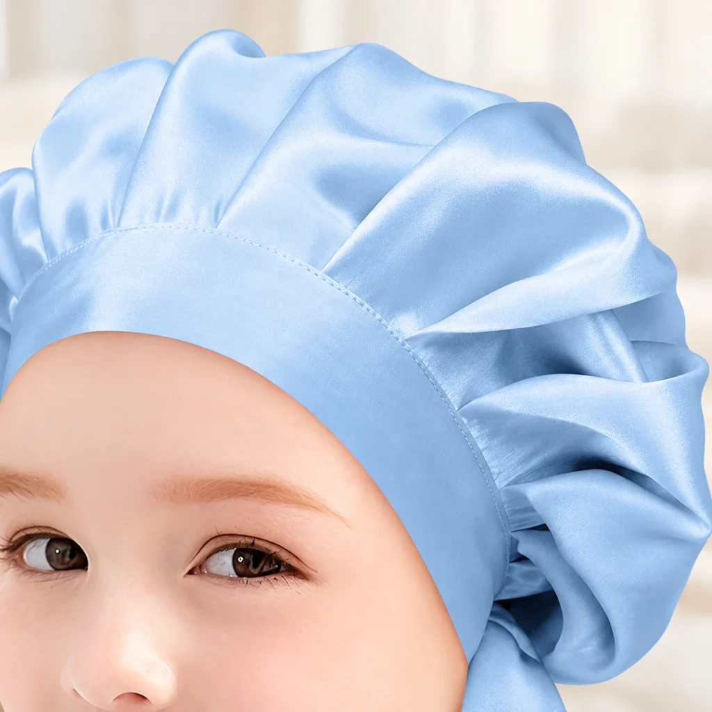 Infant Silk Bonnet – Detail des hellblauen Stirnbands