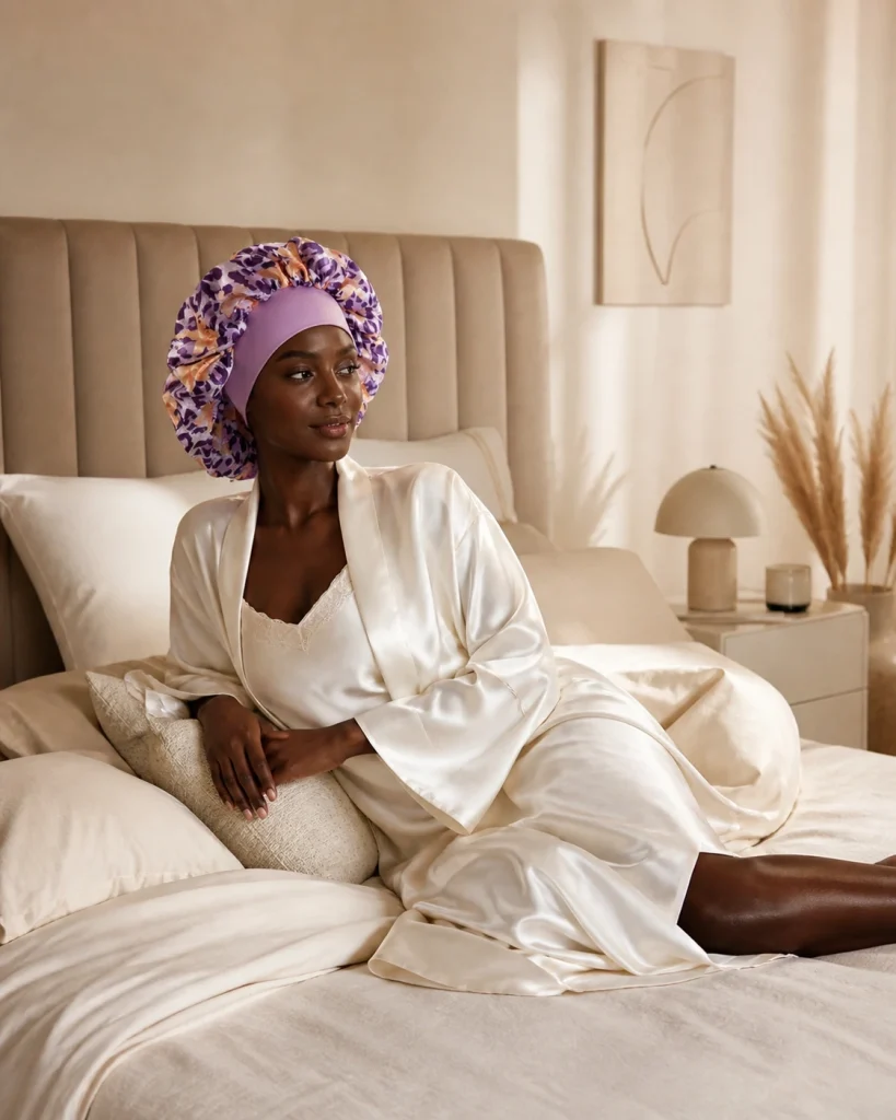 Jumbo Satin Bonnet – Frau mit lila Satinhaube auf dem Bett sitzend