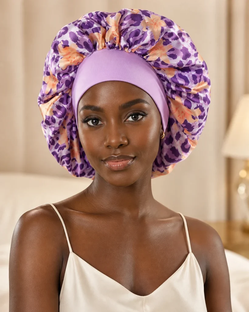 Jumbo Satin Bonnet – Frau mit lila Satinhaube mit Leoparden- und Blumenmuster frontal