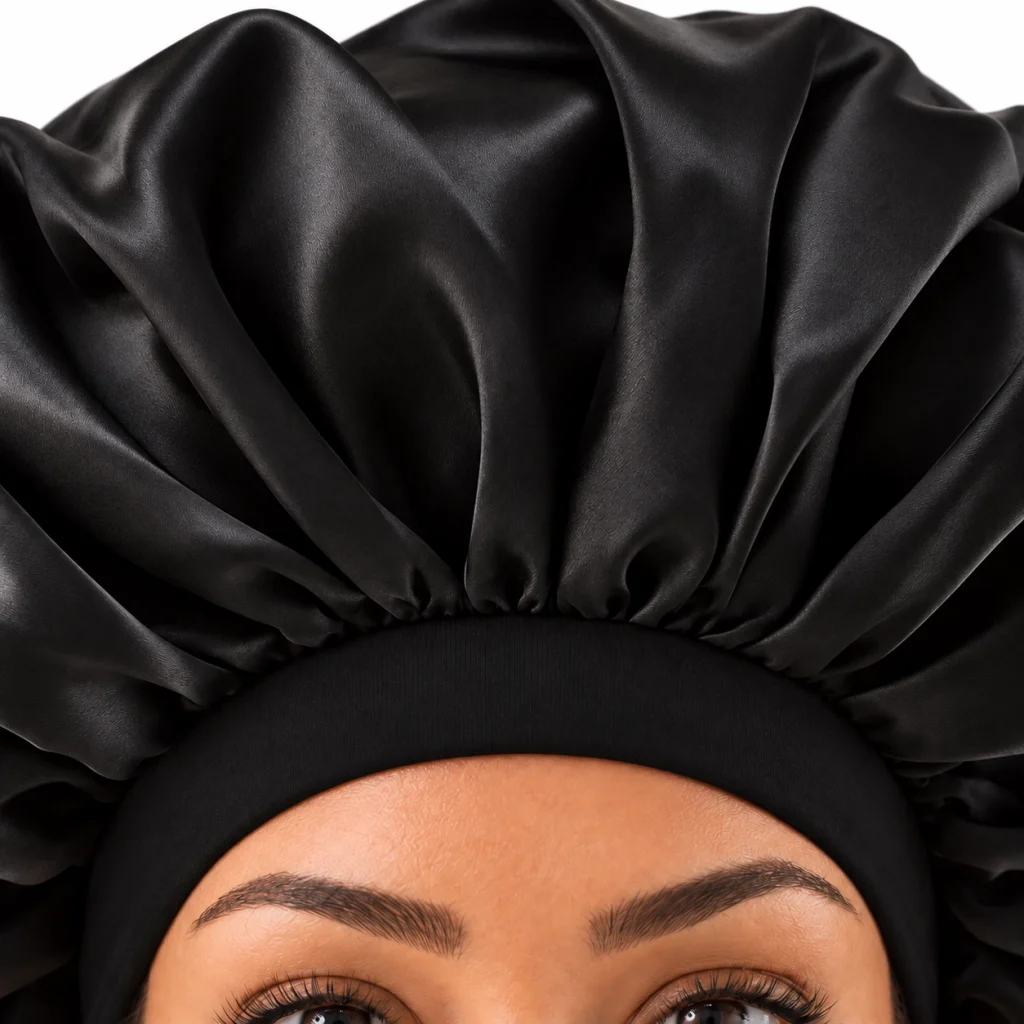 Large Silk Bonnet – Detail des schwarzen Stirnbands und der Falten