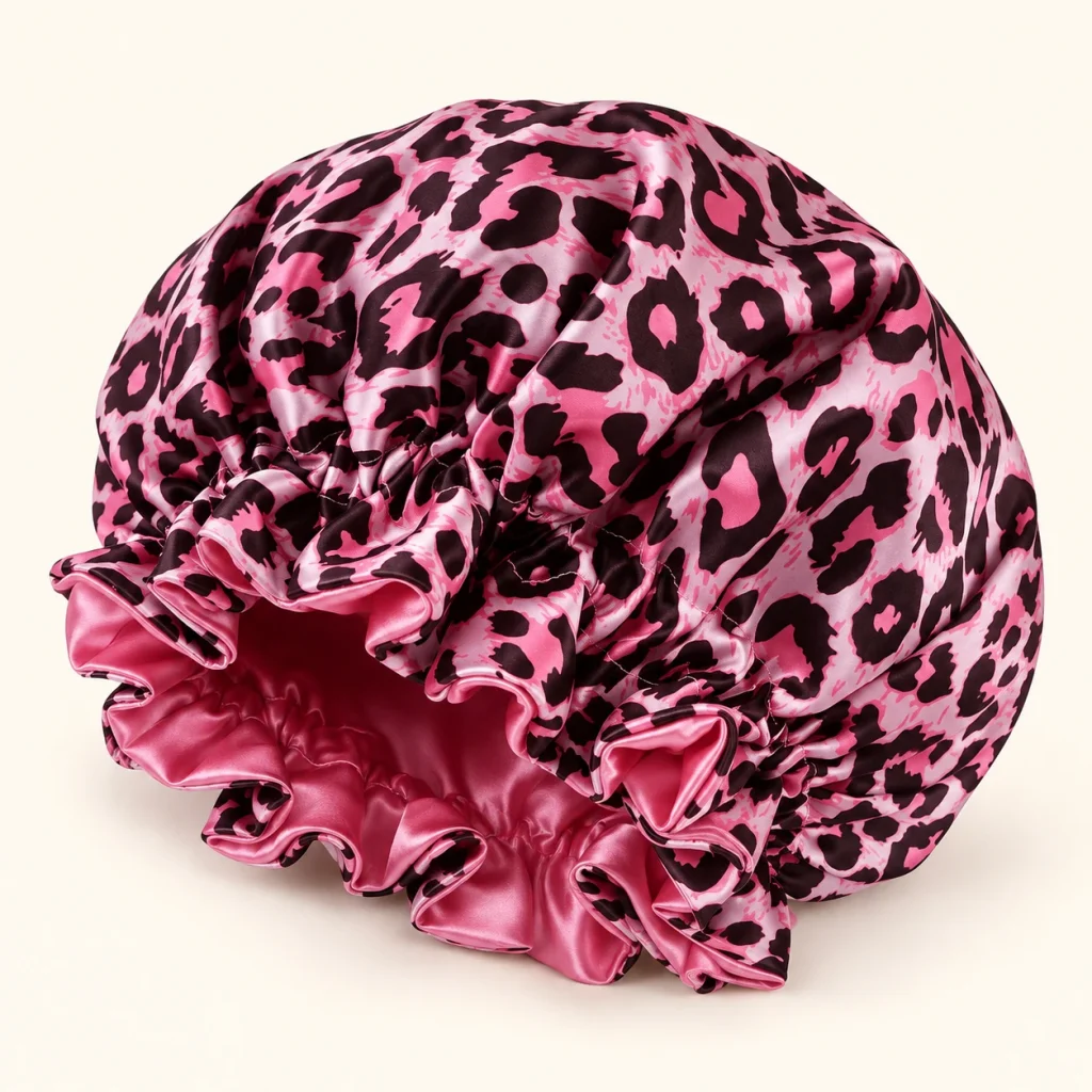 Leopard Print Silk Bonnet – Rosa Innenfutter und geraffter Rand