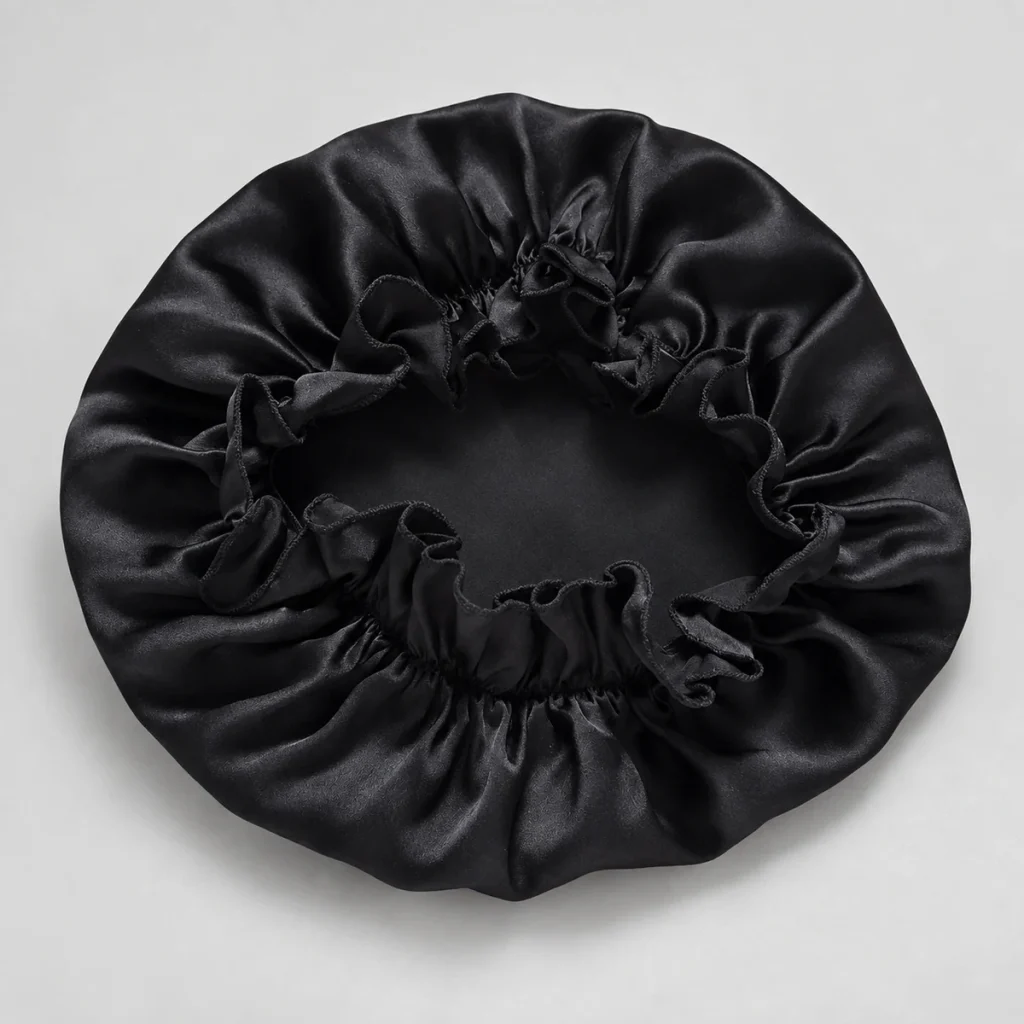 Seidenhaube 100 Seide – schwarze Seidenhaube von oben mit Gummizug