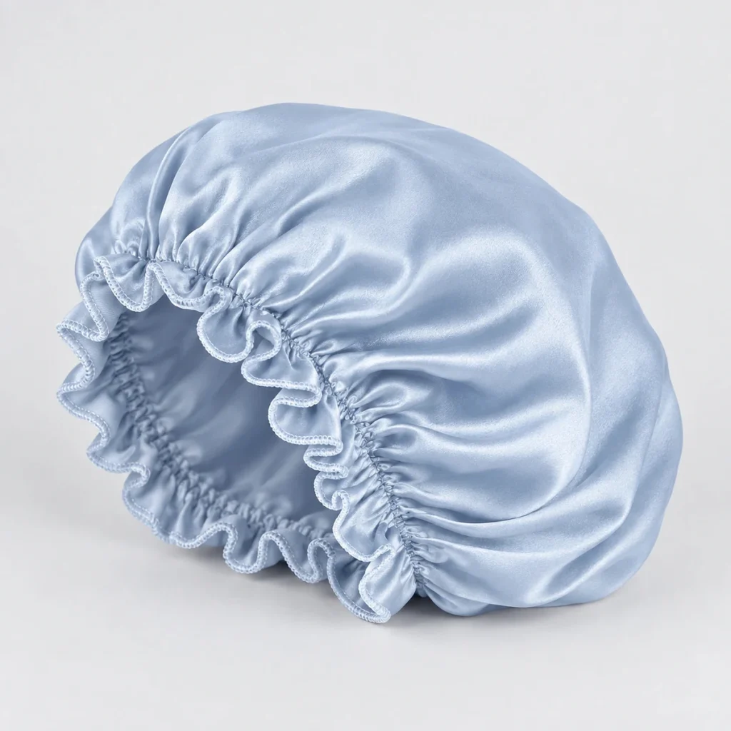 Breathable Hair Bonnet – blaue Satinhaube, Seitenansicht mit Rüschenrand