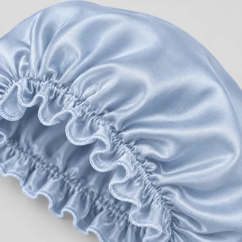 Breathable Hair Bonnet – Detailansicht des gerafften Rands in Hellblau