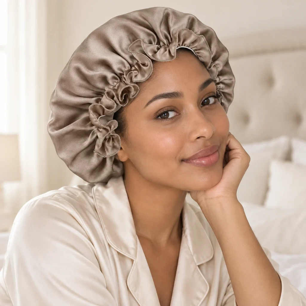 Real Silk Bonnet For Curly Hair – Frau mit taupefarbener Seidenhaube im Bett