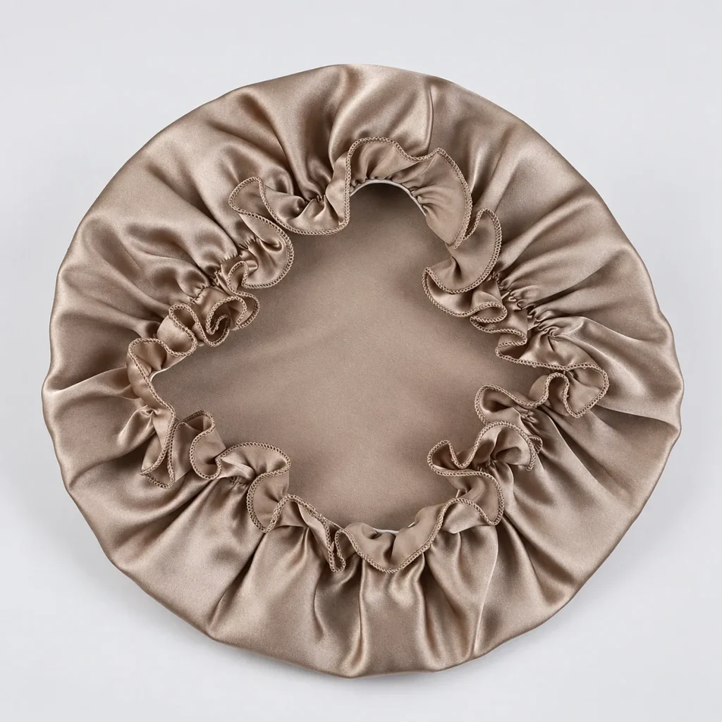 Real Silk Bonnet For Curly Hair – taupefarbene Seidenhaube von oben