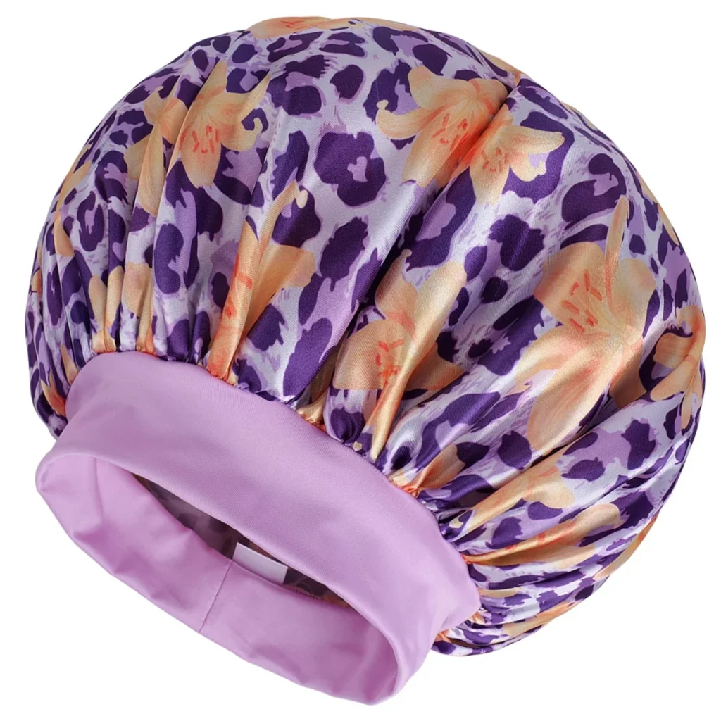 Jumbo Satin Bonnet – lila Satinhaube mit Leoparden- und Blumenmuster einzeln
