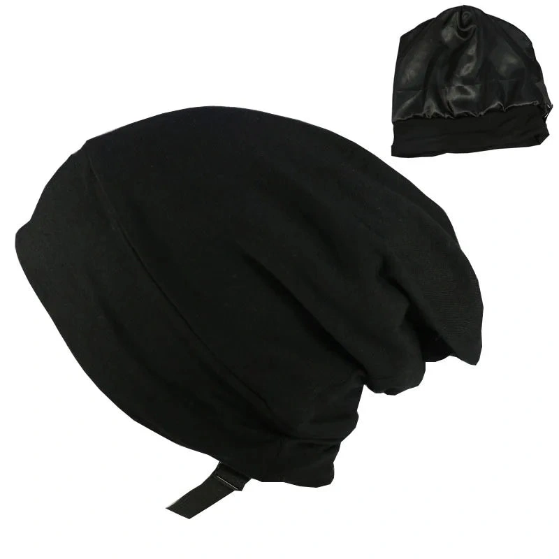 Schlafhaube Baumwolle – schwarze Schlafhaube mit Satinfutter einzeln