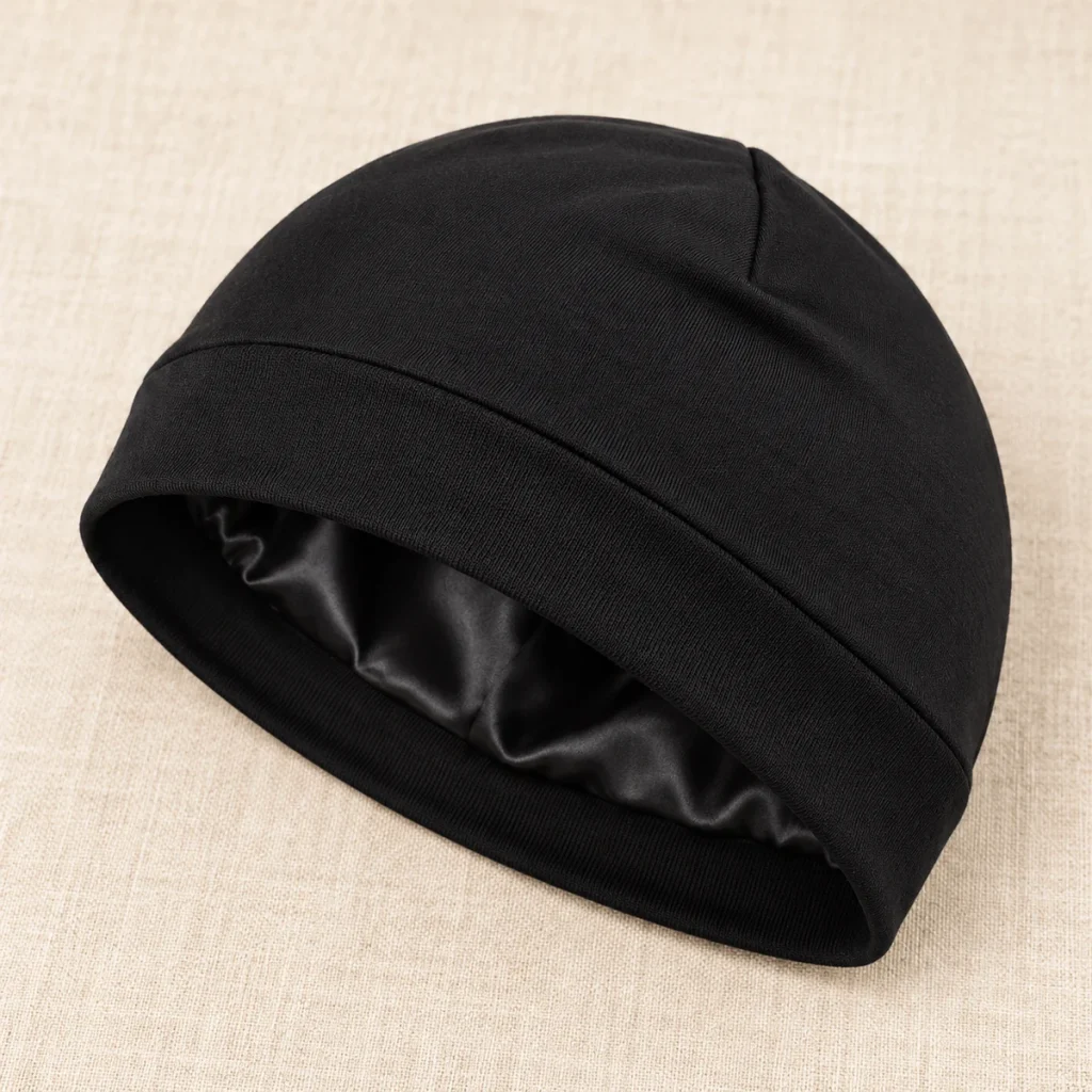 Schwarze kurze Haube mit matter Außenseite und sichtbarem schwarzem Satinfutter