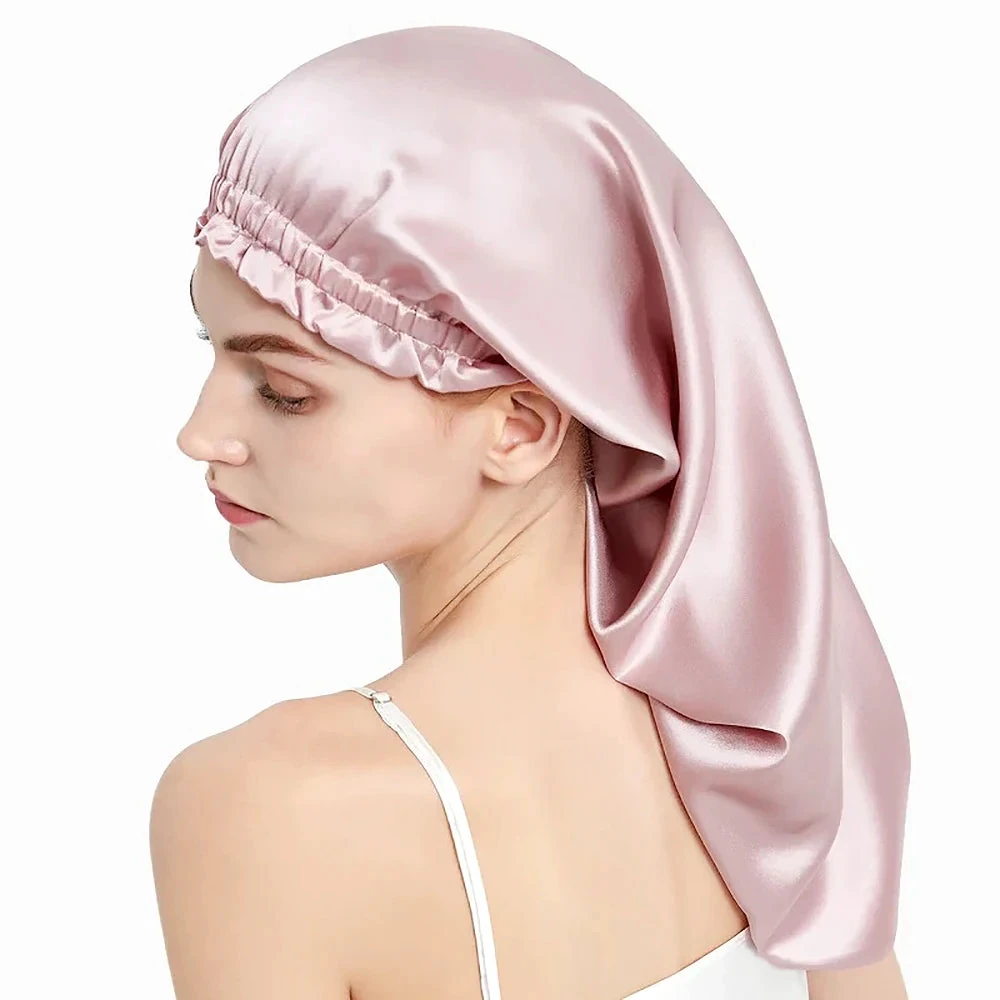Seidenhaube Für Lange Haare – rosa Seidenhaube, Seitenansicht mit Rüschenrand