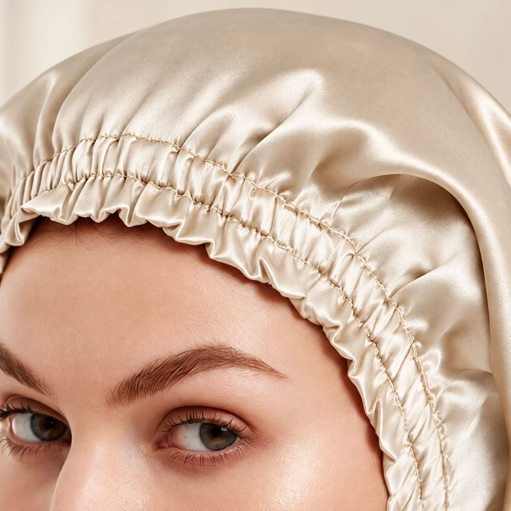Seidenhaube Glatte Haare – Detail des beigen gerafften Rands