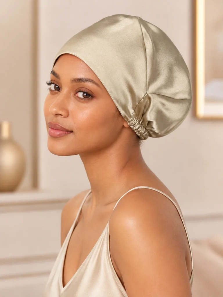 Seidenhaube Kurze Haare – beige Seidenhaube mit glattem Rand und gerafftem Nacken in der Seitenansicht
