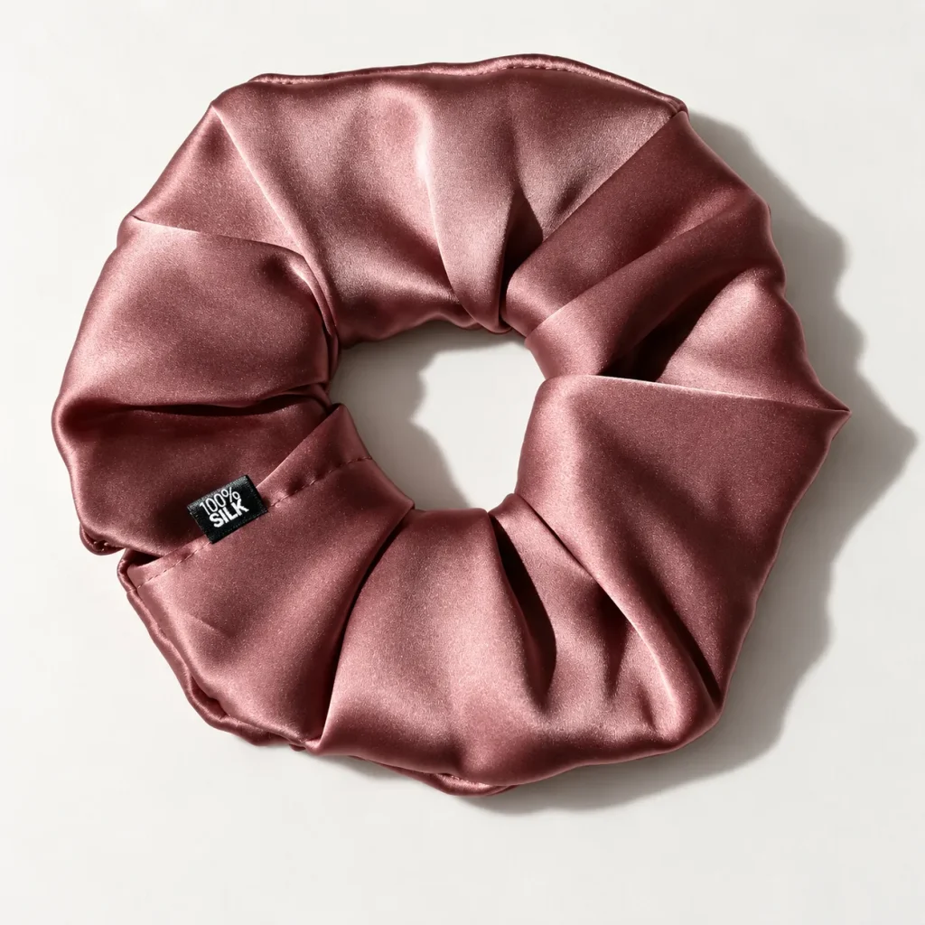 Extra großer Seiden-Scrunchie in Cameo-Braun – Ausführung auf hellem Hintergrund