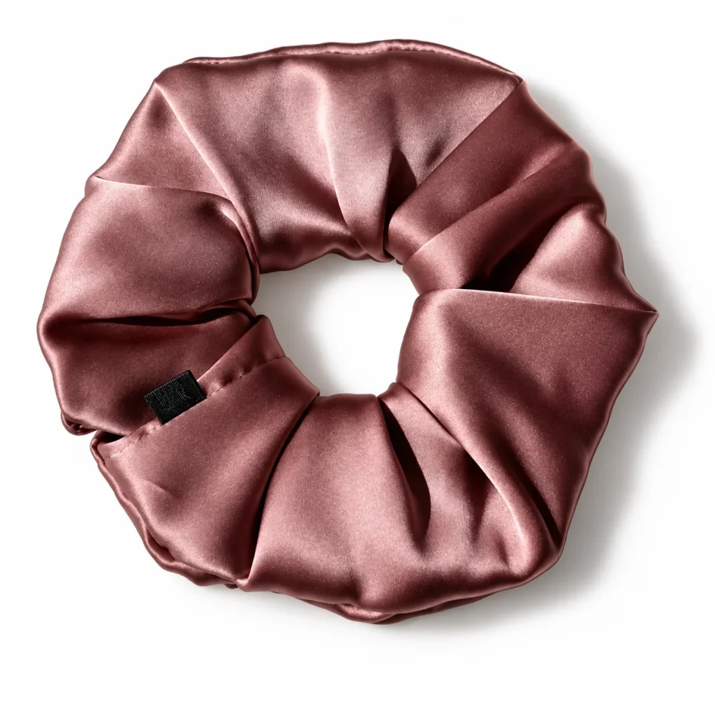 Extra großer Seiden-Scrunchie in Cameo-Braun – sichtbare Stoffstruktur